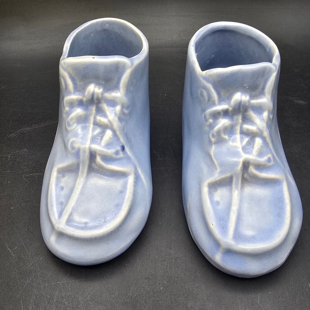 Nelson McCoy Blue Baby Bootie Shoe Planters Pair of Two Set Vintage Pottery